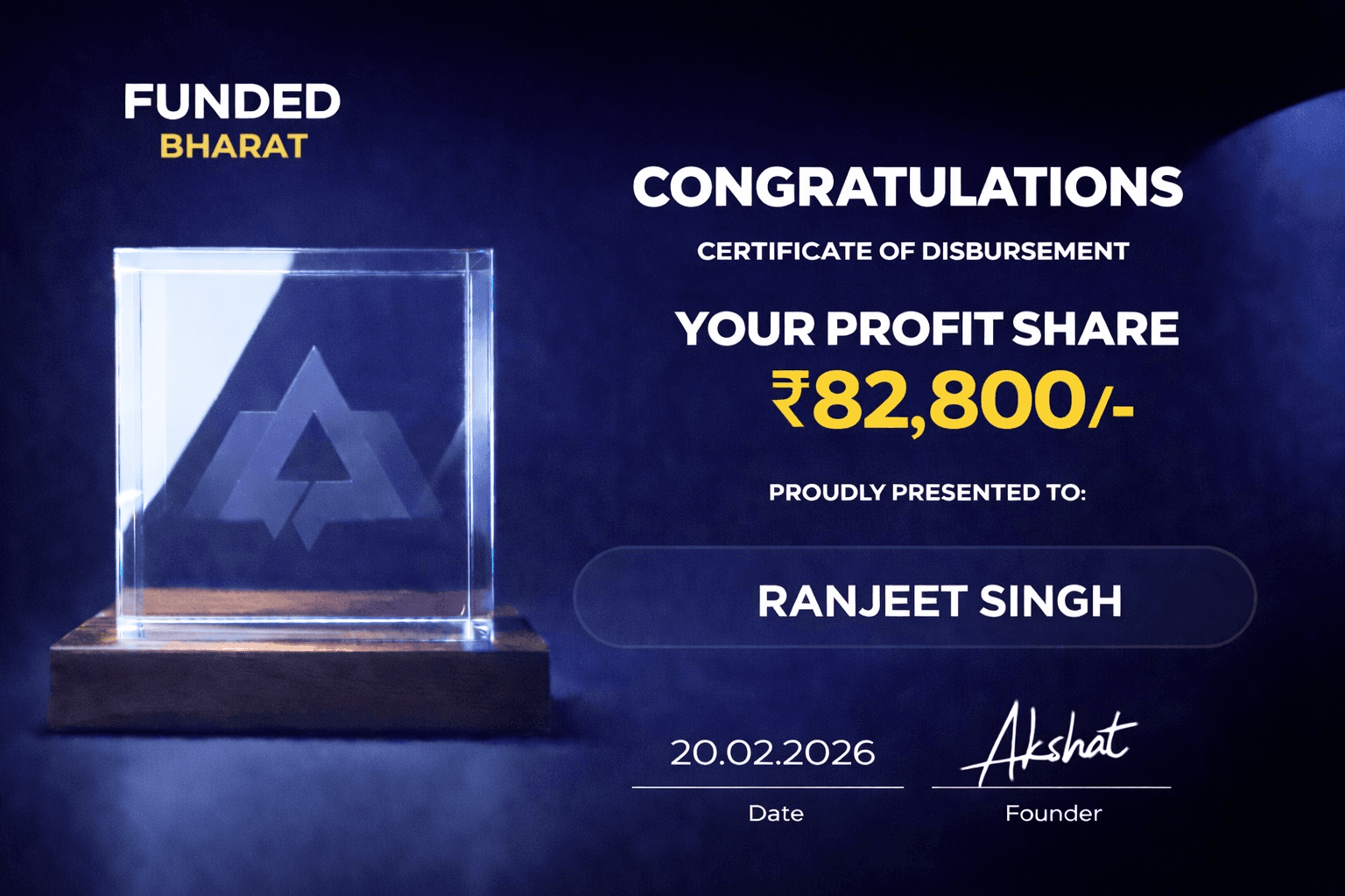 Payout certificate for Ranjeet Singh